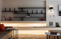 Photos of living rooms with hanging shelves