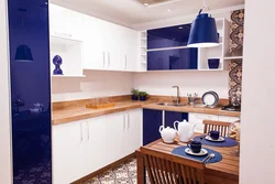 Photo of kitchen top white bottom blue top