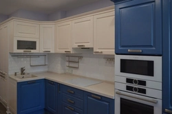 Photo of kitchen top white bottom blue top