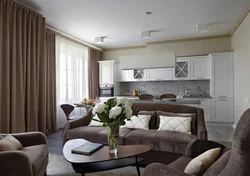 Kitchen design living room 24 sq m with 3 windows