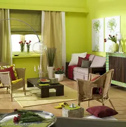 Combination of green color in the interior of the kitchen and living room