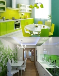 Combination of green color in the interior of the kitchen and living room