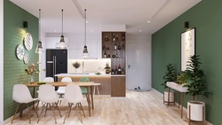 Combination Of Green Color In The Interior Of The Kitchen And Living Room