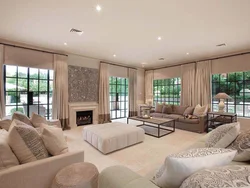Modern living room design in a house with large windows