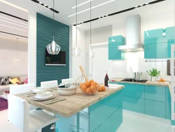 Тарҳи ошхона дар меҳмонхона дар оҳангҳои turquoise