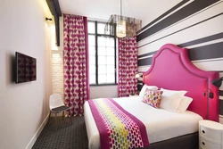 Bright curtains in the bedroom interior