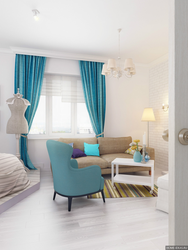 Bright curtains in the bedroom interior
