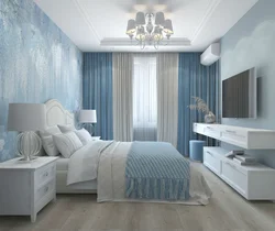 Curtains in the bedroom interior with blue wallpaper