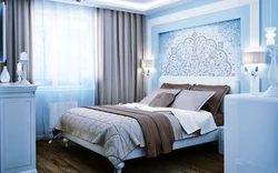Curtains in the bedroom interior with blue wallpaper