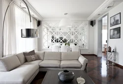 Living room interior with panels on the wall