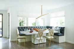 Photo of a kitchen with a sofa and table chairs