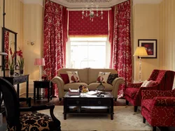 Ҳуҷраи зиндагӣ деворҳои burgundy дохилӣ