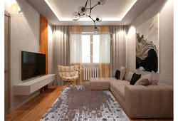 Living room design in Khrushchev 2-room apartment with balcony