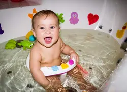 Baby photos in the bathroom