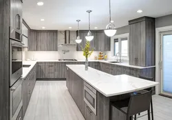 Gray kitchen design with wooden countertops
