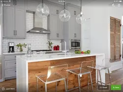 Тарҳи ошхона хокистарӣ бо countertops чӯбӣ