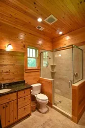 Bathrooms in a wooden house design photo with shower