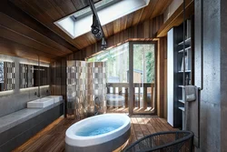 Bathrooms in a wooden house design photo with shower