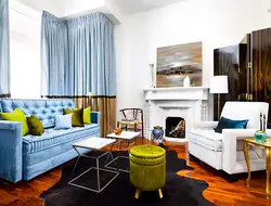 Curtains For A Blue Sofa In The Living Room Interior