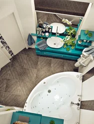 Bath design with corner bathtub and sink in small bathroom
