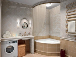 Bath design with corner bathtub and sink in small bathroom