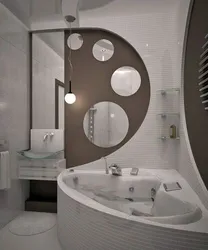 Kichik hammomda burchakli vanna va lavabo bilan hammom dizayni