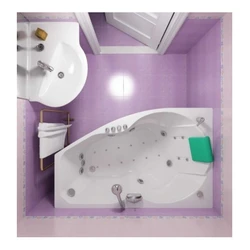 Bath design with corner bathtub and sink in small bathroom