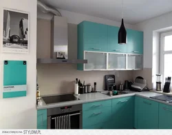 Kitchen in turquoise and gray color design