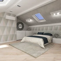Дызайн спальні ў сучасным стылі на мансардным паверсе