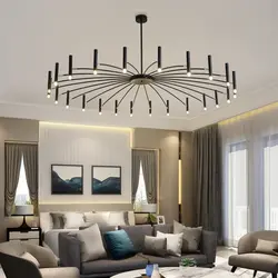 Müasir üslubda fotoşəkildə qonaq otağı üçün çilçıraq dizaynı