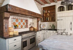 Photo of a kitchen with a stove in a wooden house photo