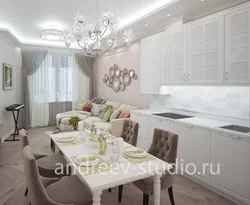 Ашық түстердегі қонақ бөлмесінің ас үйінің дизайны фото