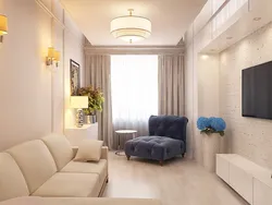 Living room interior 15 sq m in light colors