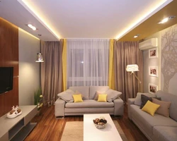 Living room interior 15 sq m in light colors