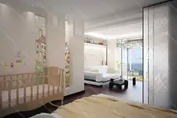 Bedroom with a children's bed in one room photo design