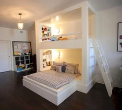 Bedroom with a children's bed in one room photo design