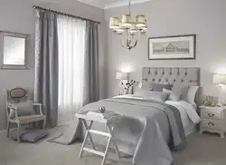 Gray curtains in the bedroom interior