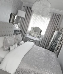 Gray curtains in the bedroom interior