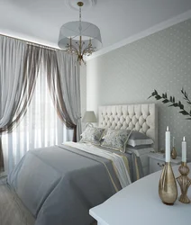 Gray curtains in the bedroom interior