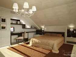 Bedroom interior in a house with a sloping ceiling