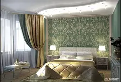 Шторы к зеленым обоям в спальне фото какие