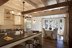 Kitchen design with wooden ceiling