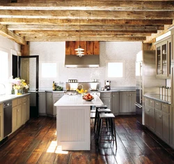 Kitchen design with wooden ceiling