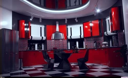 Red and black kitchen in the interior photo