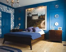 Bedroom With Dark Blue Wallpaper Photo