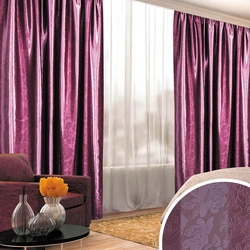 Purple curtains in the living room interior