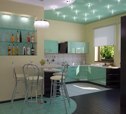 What color is the ceiling in the kitchen photo