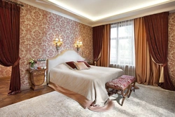 Curtains with flowers in the bedroom interior photo