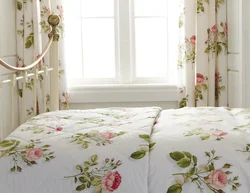 Curtains with flowers in the bedroom interior photo