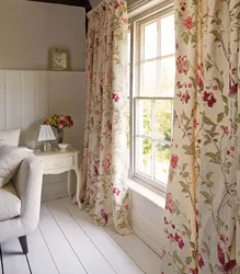 Curtains with flowers in the bedroom interior photo